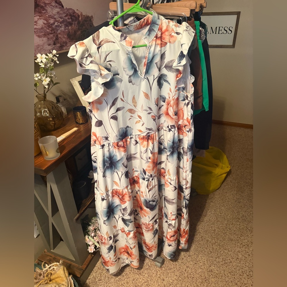 Floral Ruffle Sleeve Maxi Dress - White with Coral & Blue Flowers